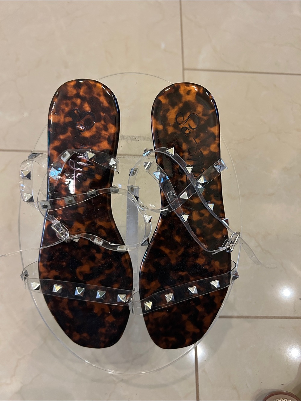 So Me Clear Studded Sandals with Tortoiseshell Footbed